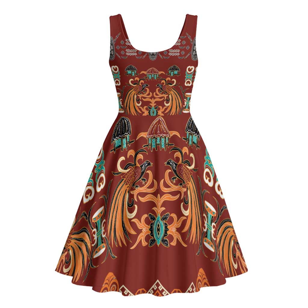 Oxblood Batik Papua-inspired Pattern Midi Dress - Polynesian Pride
