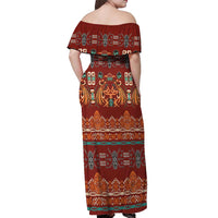 Oxblood Batik Papua-inspired Pattern Off Shoulder Maxi Dress - Polynesian Pride