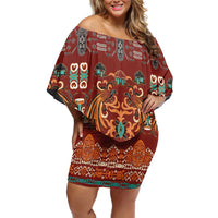 Oxblood Batik Papua-inspired Pattern Off Shoulder Short Dress - Polynesian Pride