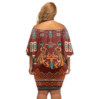 Oxblood Batik Papua-inspired Pattern Off Shoulder Short Dress - Polynesian Pride