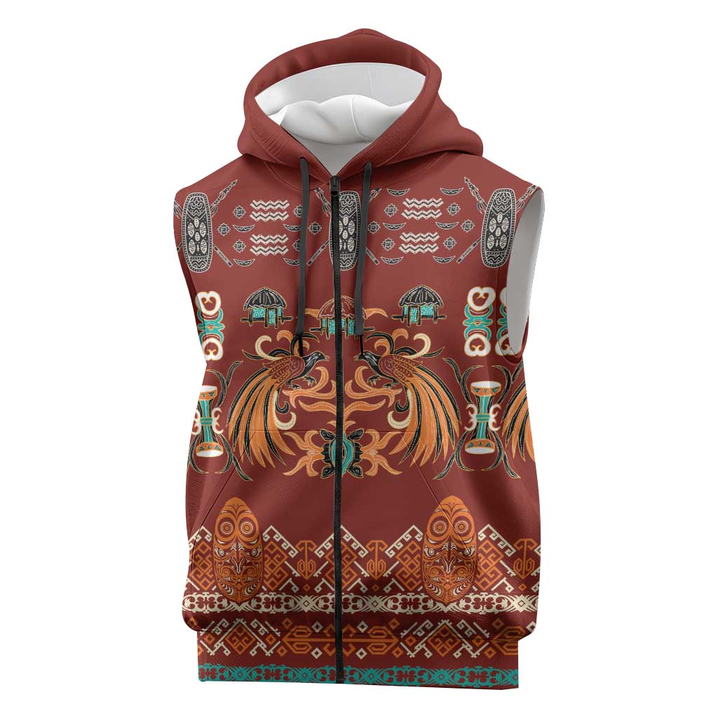Oxblood Batik Papua-inspired Pattern Sleeveless Zip Hoodie LT9 Red - Polynesian Pride