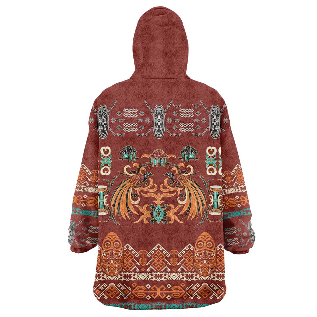 Oxblood Batik Papua-inspired Pattern Wearable Blanket Hoodie - Polynesian Pride
