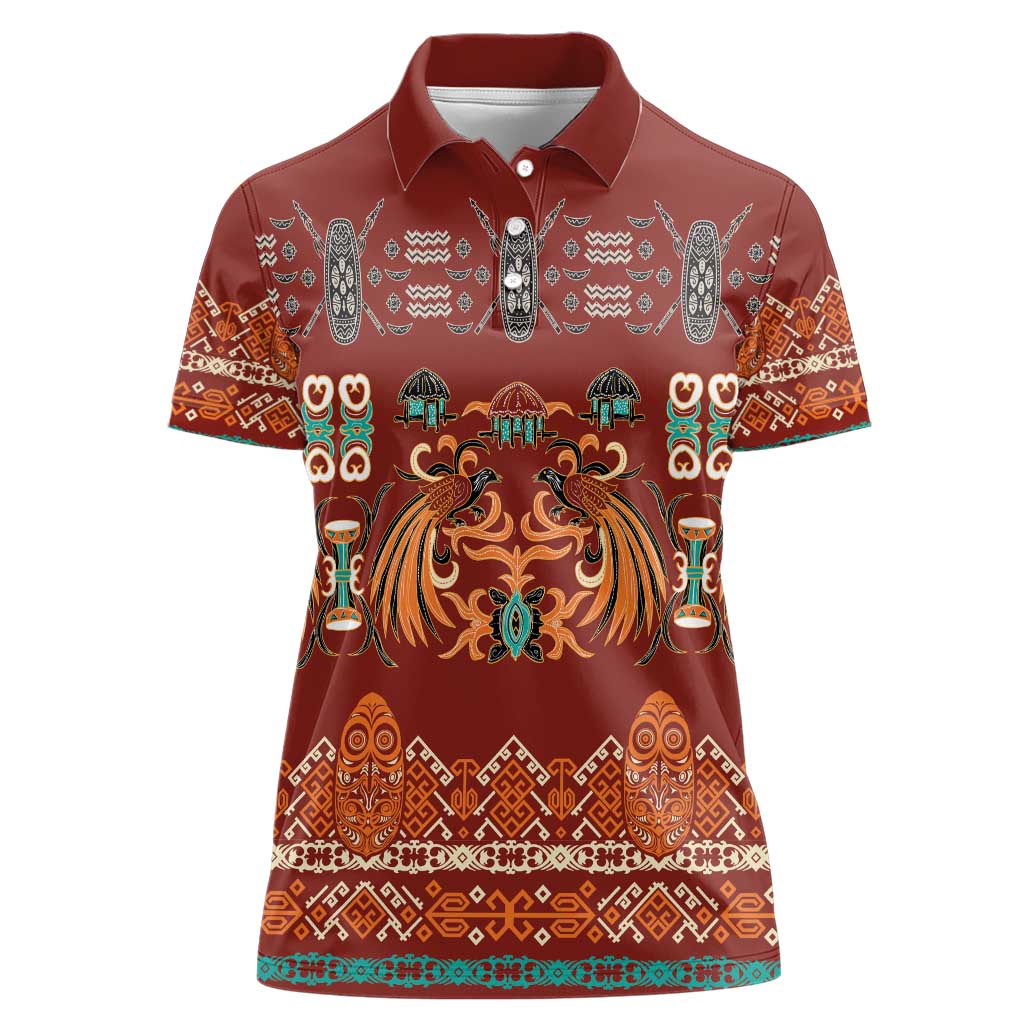 Oxblood Batik Papua-inspired Pattern Women Polo Shirt - Polynesian Pride