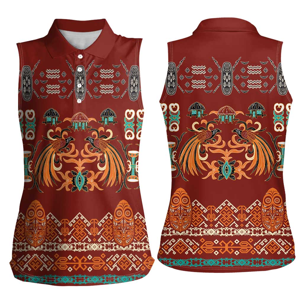 Oxblood Batik Papua-inspired Pattern Women Sleeveless Polo Shirt - Polynesian Pride