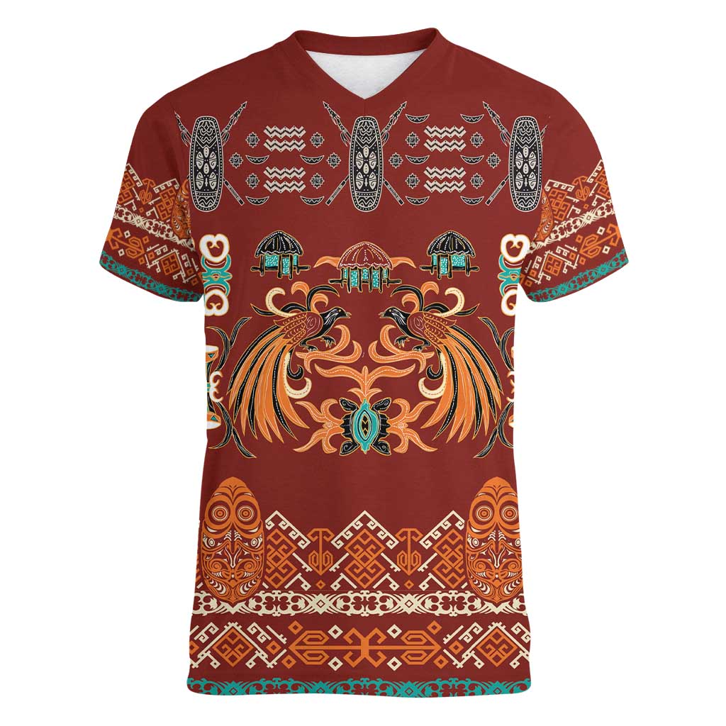 Oxblood Batik Papua-inspired Pattern Women V-Neck T-Shirt LT9 Female Red - Polynesian Pride