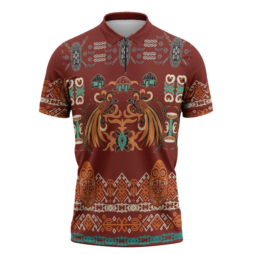 Oxblood Batik Papua-inspired Pattern Zipper Polo Shirt - Polynesian Pride
