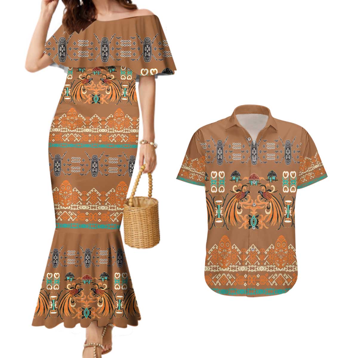 Terracotta Batik Papua-inspired Pattern Couples Matching Mermaid Dress and Hawaiian Shirt - Polynesian Pride