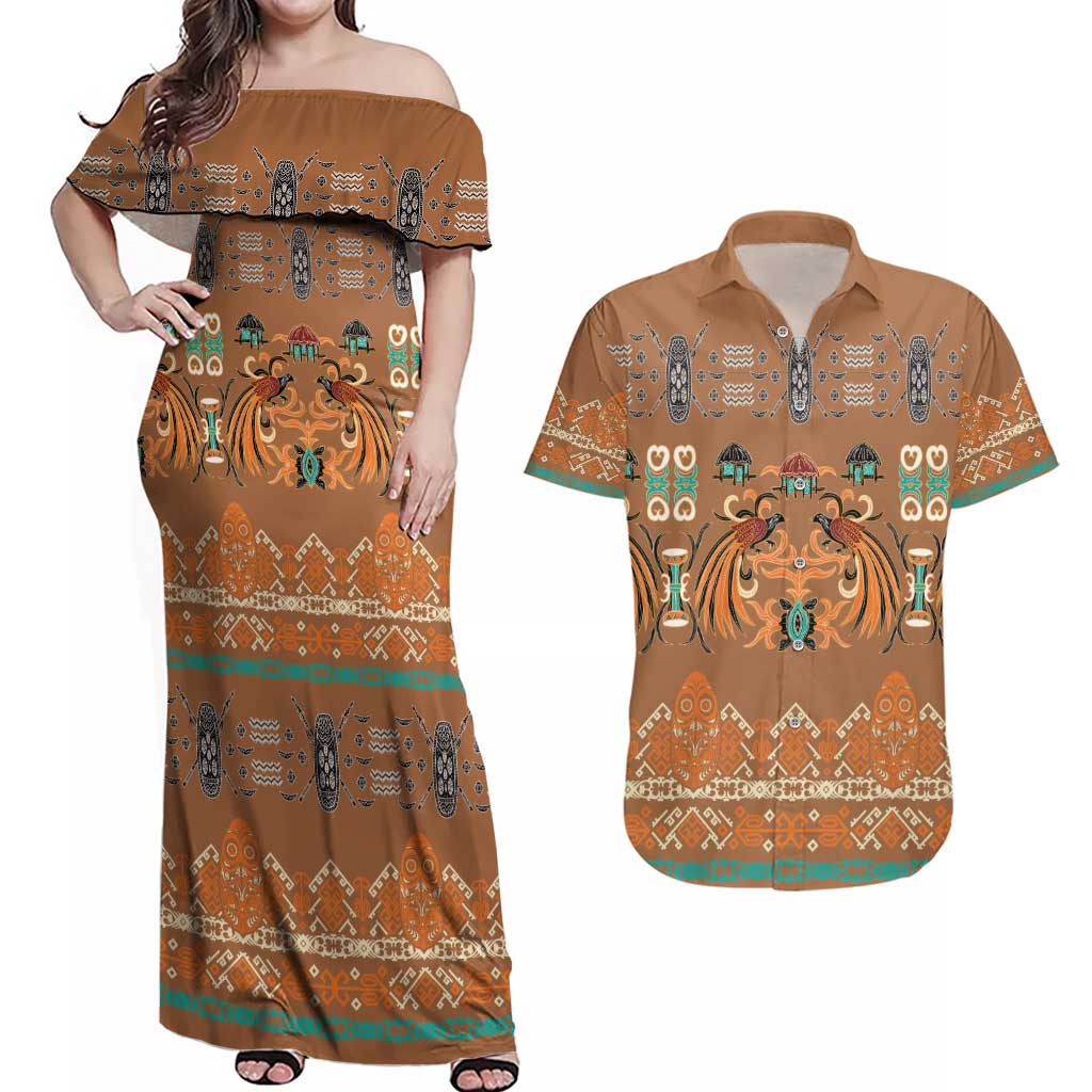 Terracotta Batik Papua-inspired Pattern Couples Matching Off Shoulder Maxi Dress and Hawaiian Shirt - Polynesian Pride