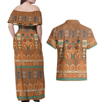 Terracotta Batik Papua-inspired Pattern Couples Matching Off Shoulder Maxi Dress and Hawaiian Shirt - Polynesian Pride