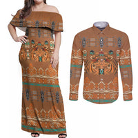 Terracotta Batik Papua-inspired Pattern Couples Matching Off Shoulder Maxi Dress and Long Sleeve Button Shirt LT9 Gold - Polynesian Pride