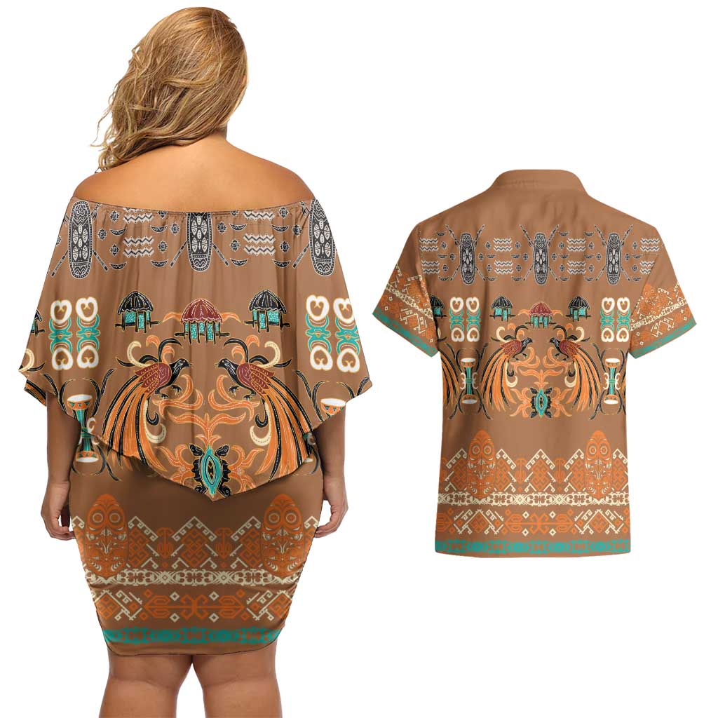 Terracotta Batik Papua-inspired Pattern Couples Matching Off Shoulder Short Dress and Hawaiian Shirt - Polynesian Pride
