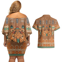 Terracotta Batik Papua-inspired Pattern Couples Matching Off Shoulder Short Dress and Hawaiian Shirt - Polynesian Pride