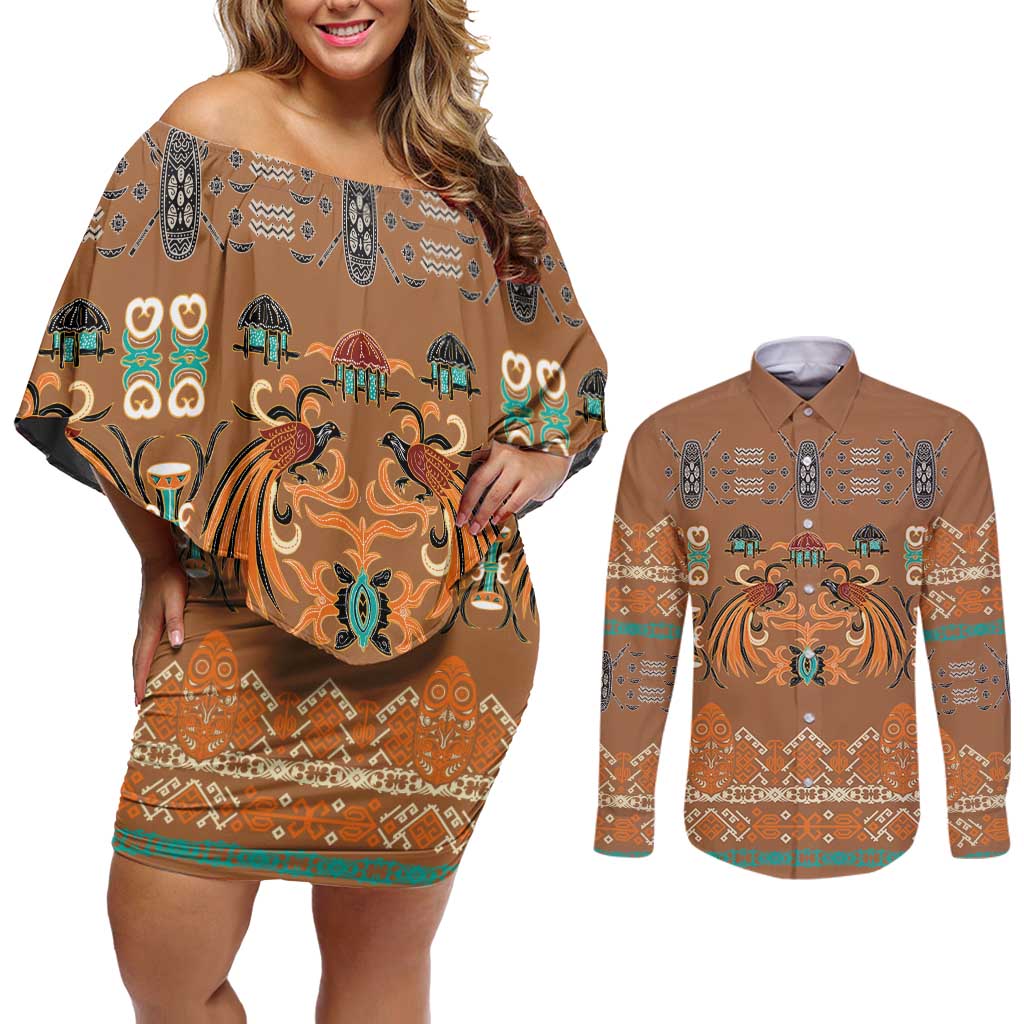 Terracotta Batik Papua-inspired Pattern Couples Matching Off Shoulder Short Dress and Long Sleeve Button Shirt - Polynesian Pride