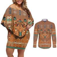Terracotta Batik Papua-inspired Pattern Couples Matching Off Shoulder Short Dress and Long Sleeve Button Shirt - Polynesian Pride