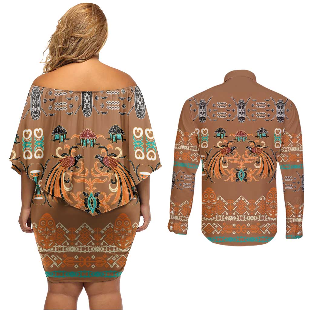 Terracotta Batik Papua-inspired Pattern Couples Matching Off Shoulder Short Dress and Long Sleeve Button Shirt - Polynesian Pride