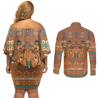 Terracotta Batik Papua-inspired Pattern Couples Matching Off Shoulder Short Dress and Long Sleeve Button Shirt - Polynesian Pride