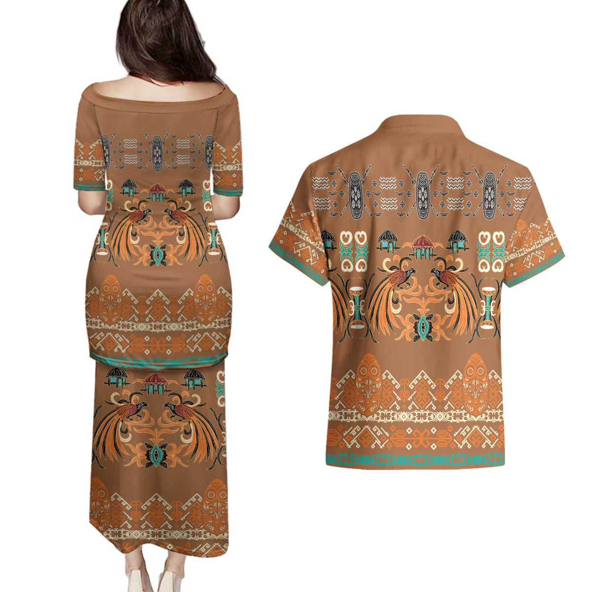Terracotta Batik Papua-inspired Pattern Couples Matching Puletasi and Hawaiian Shirt - Polynesian Pride