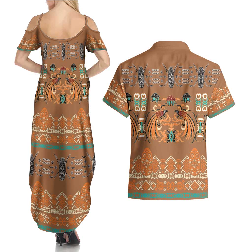 Terracotta Batik Papua-inspired Pattern Couples Matching Summer Maxi Dress and Hawaiian Shirt - Polynesian Pride