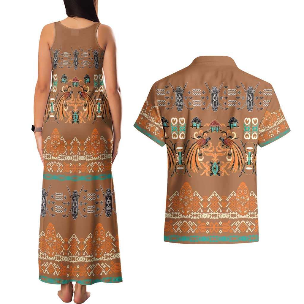 Terracotta Batik Papua-inspired Pattern Couples Matching Tank Maxi Dress and Hawaiian Shirt - Polynesian Pride