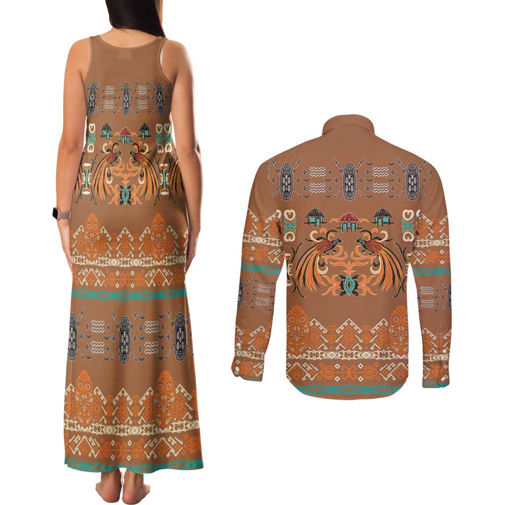 Terracotta Batik Papua-inspired Pattern Couples Matching Tank Maxi Dress and Long Sleeve Button Shirt - Polynesian Pride