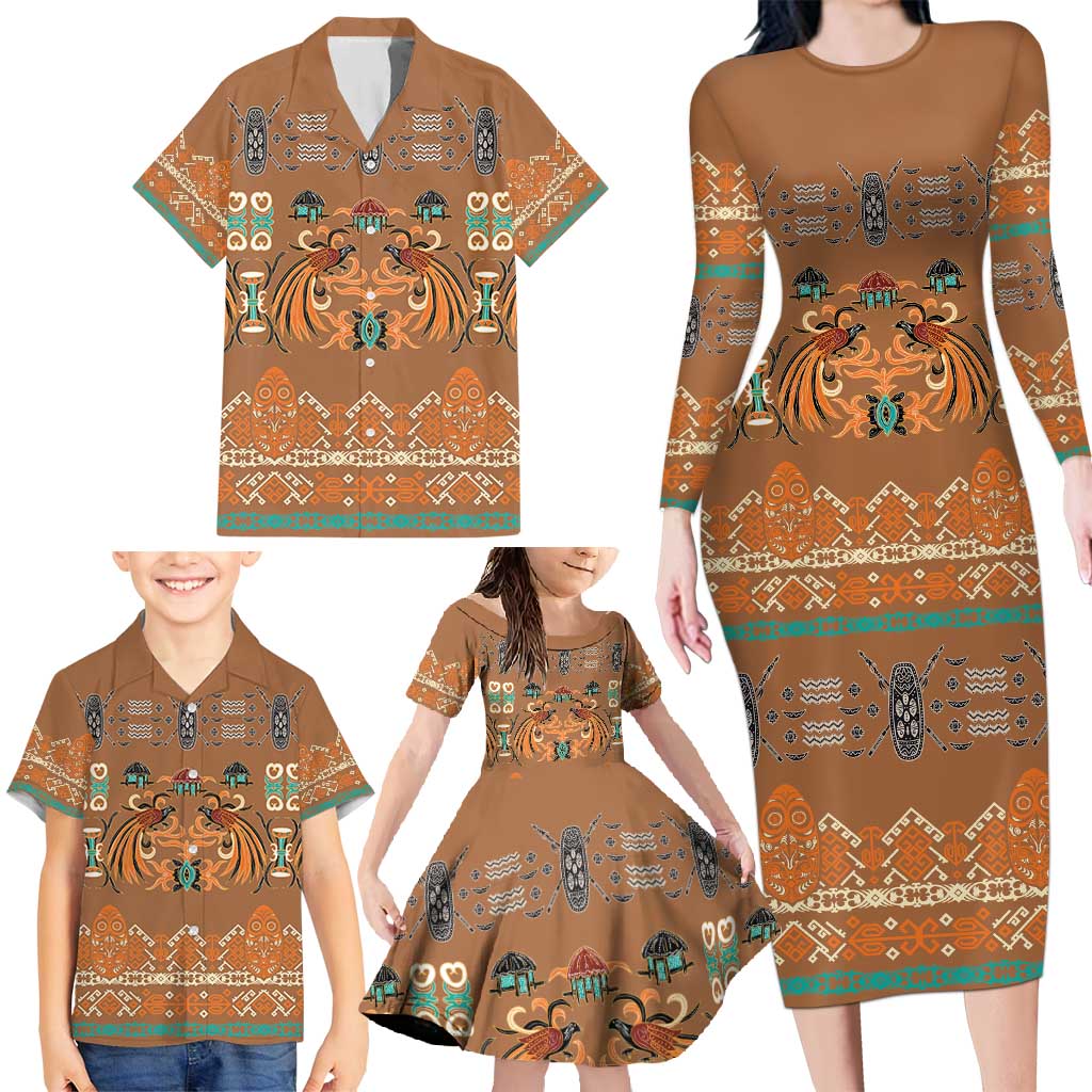 Terracotta Batik Papua-inspired Pattern Family Matching Long Sleeve Bodycon Dress and Hawaiian Shirt - Polynesian Pride