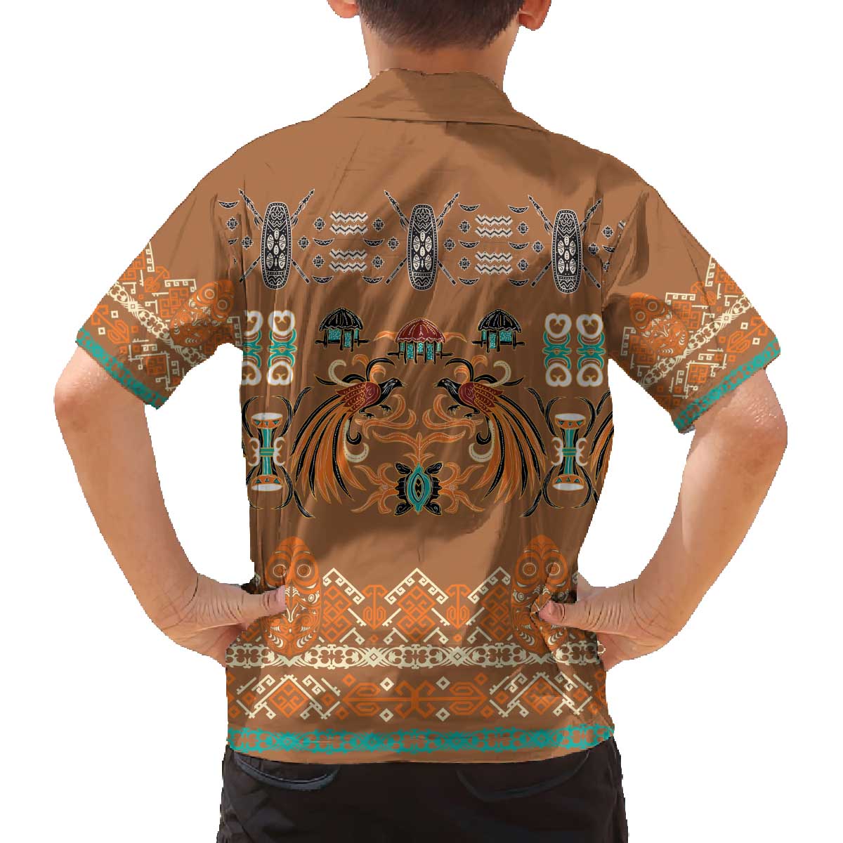 Terracotta Batik Papua-inspired Pattern Family Matching Off The Shoulder Long Sleeve Dress and Hawaiian Shirt - Polynesian Pride