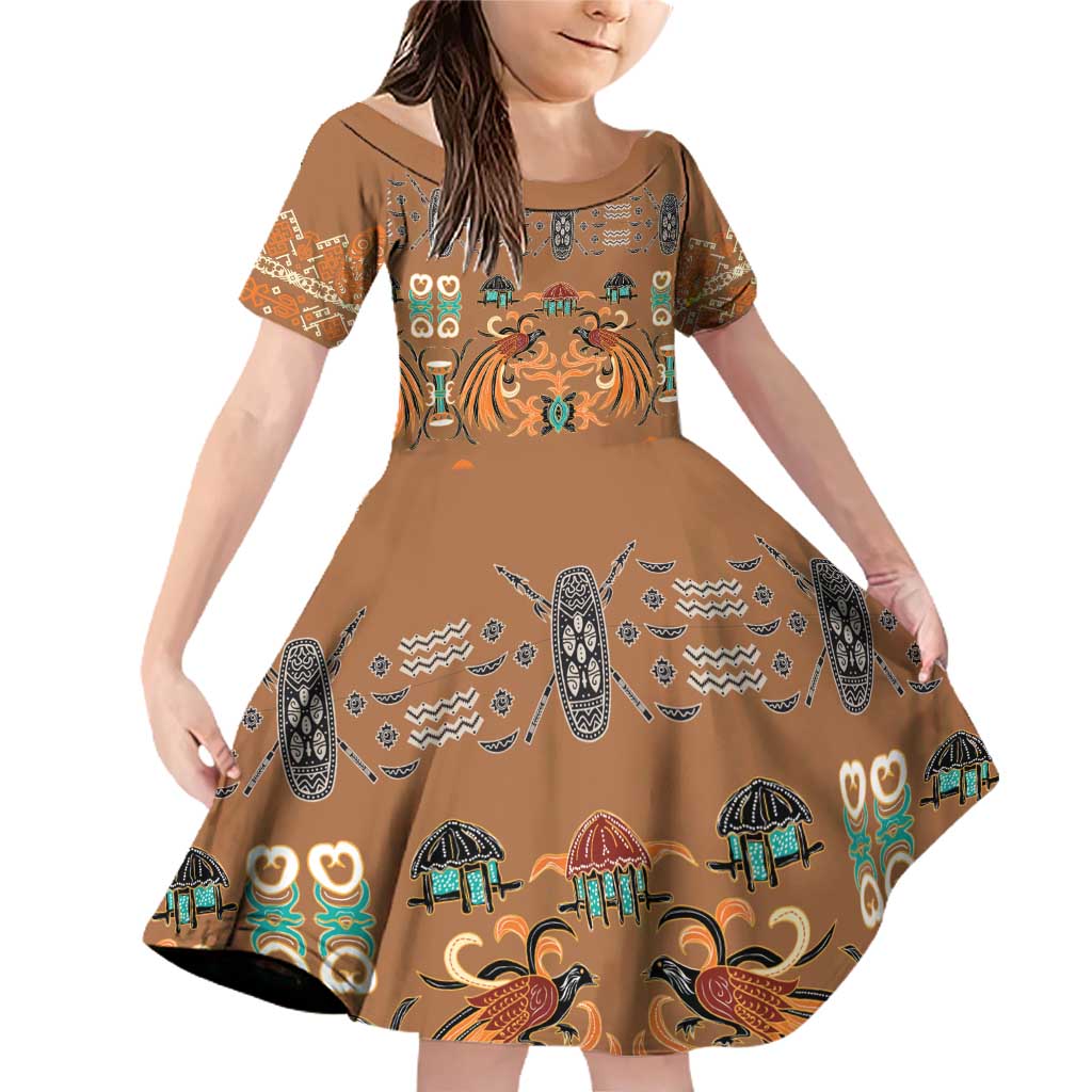 Terracotta Batik Papua-inspired Pattern Family Matching Off Shoulder Short Dress and Hawaiian Shirt LT9 Daughter's Dress Gold - Polynesian Pride