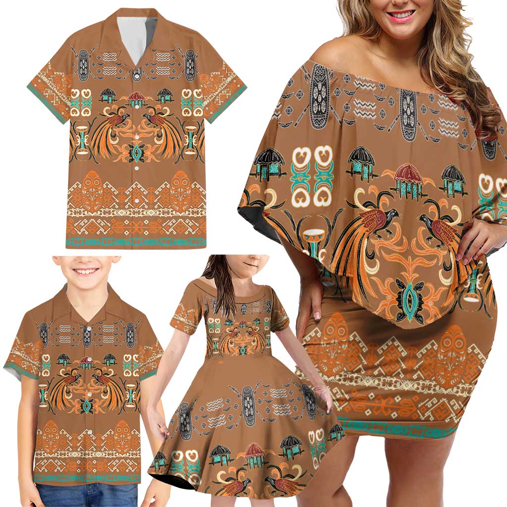 Terracotta Batik Papua-inspired Pattern Family Matching Off Shoulder Short Dress and Hawaiian Shirt LT9 - Polynesian Pride