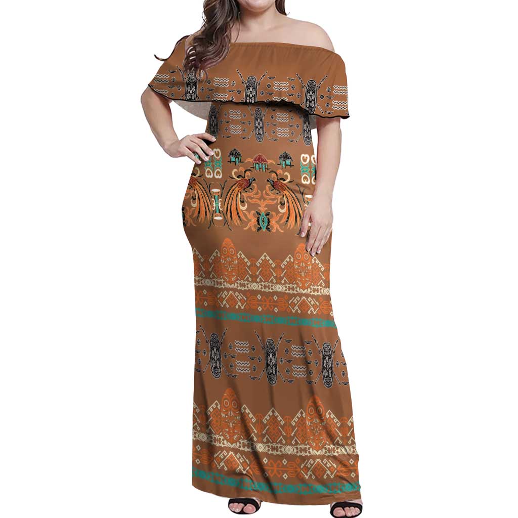 Terracotta Batik Papua-inspired Pattern Off Shoulder Maxi Dress - Polynesian Pride