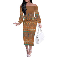 Terracotta Batik Papua-inspired Pattern Off The Shoulder Long Sleeve Dress - Polynesian Pride