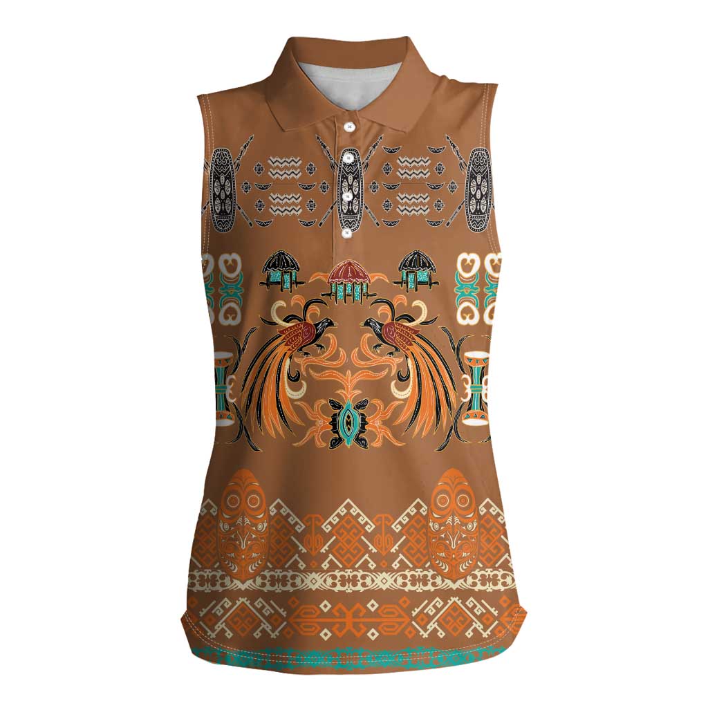Terracotta Batik Papua-inspired Pattern Women Sleeveless Polo Shirt - Polynesian Pride