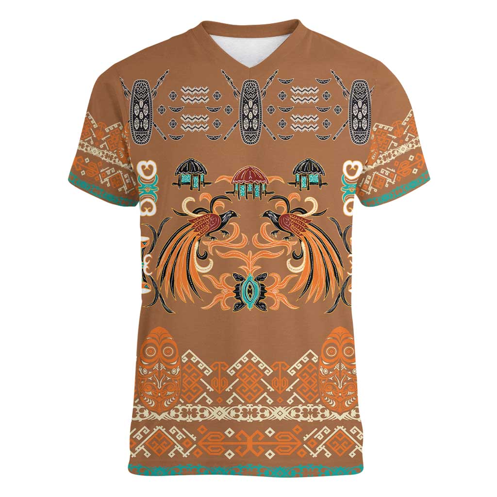 Terracotta Batik Papua-inspired Pattern Women V-Neck T-Shirt - Polynesian Pride