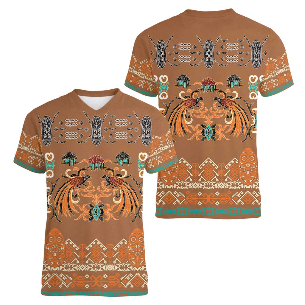 Terracotta Batik Papua-inspired Pattern Women V-Neck T-Shirt - Polynesian Pride