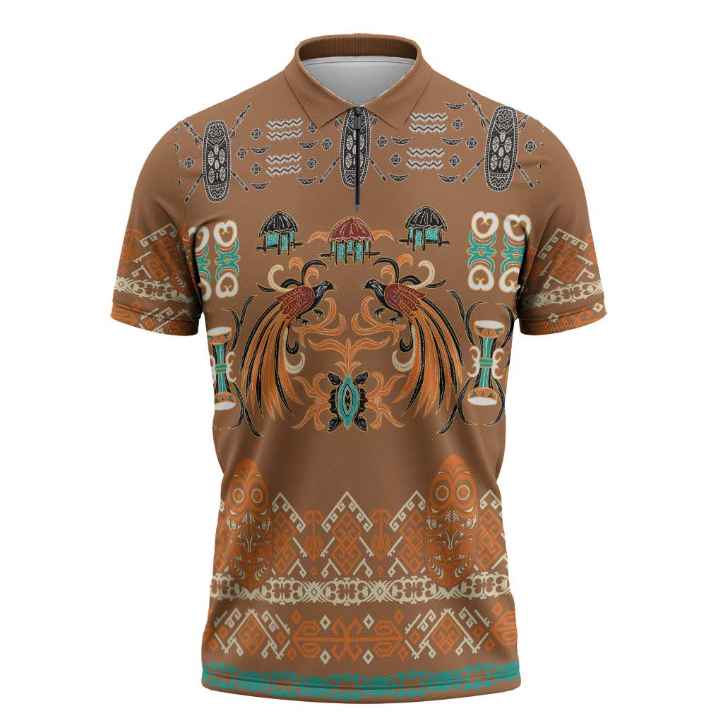 Terracotta Batik Papua-inspired Pattern Zipper Polo Shirt - Polynesian Pride