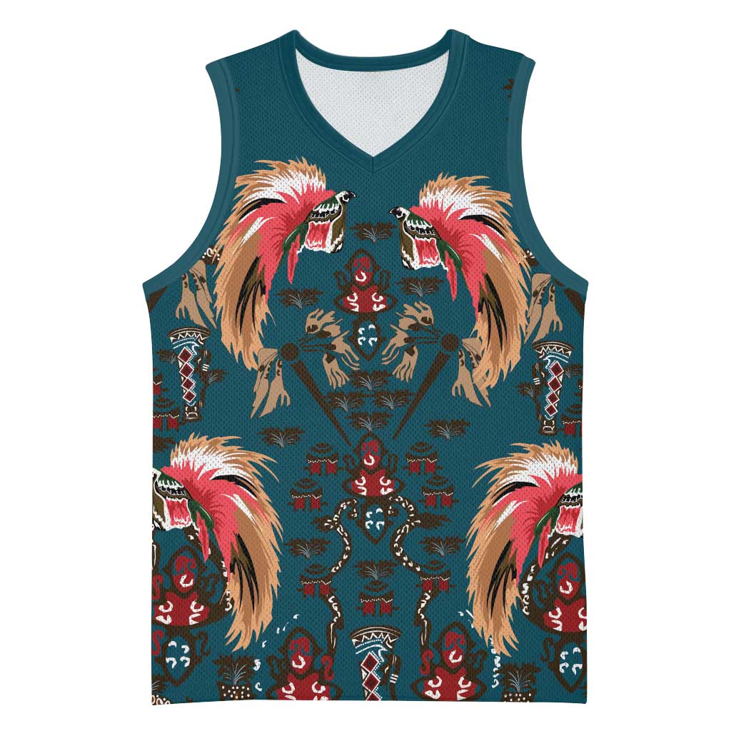 Dark Cyan Blue Bird of Batik Papua Basketball Jersey Exotic Natural Wealth of Papua - Polynesian Pride