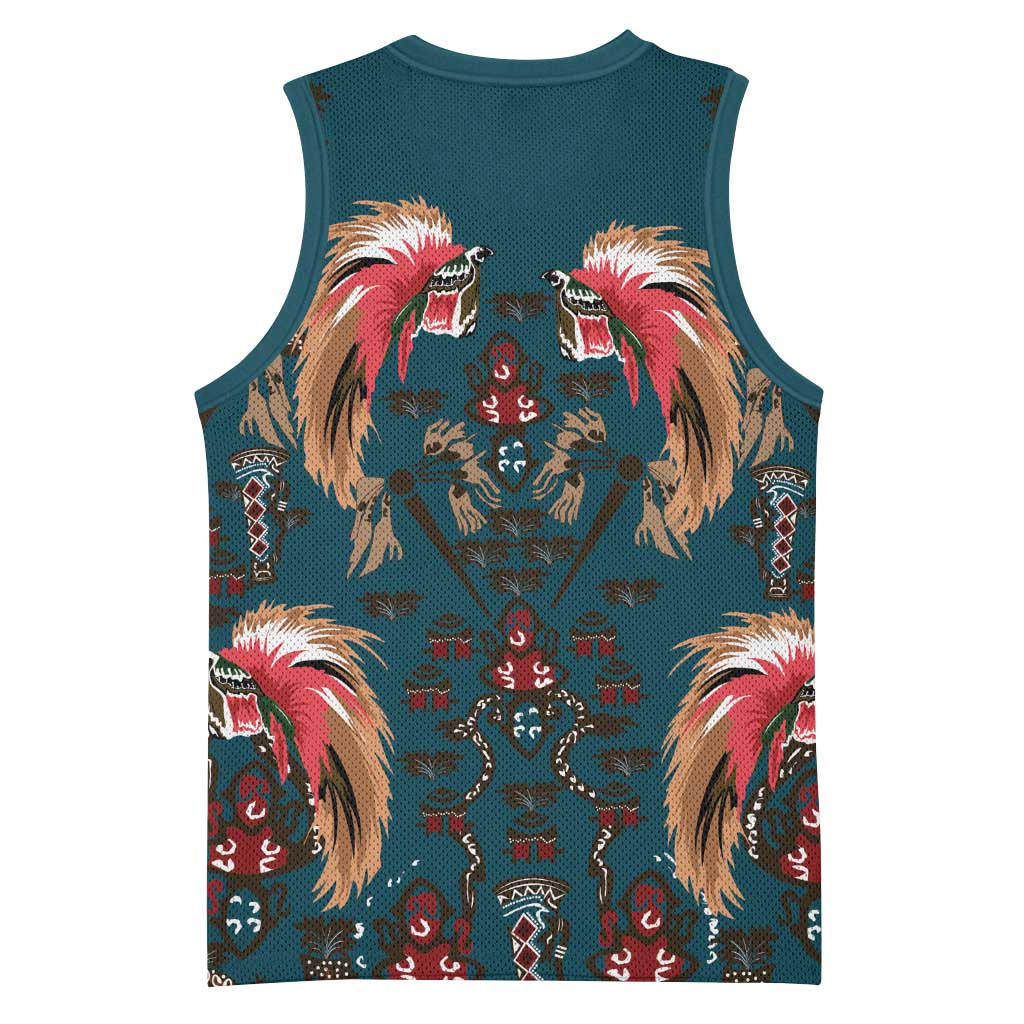 Dark Cyan Blue Bird of Batik Papua Basketball Jersey Exotic Natural Wealth of Papua - Polynesian Pride
