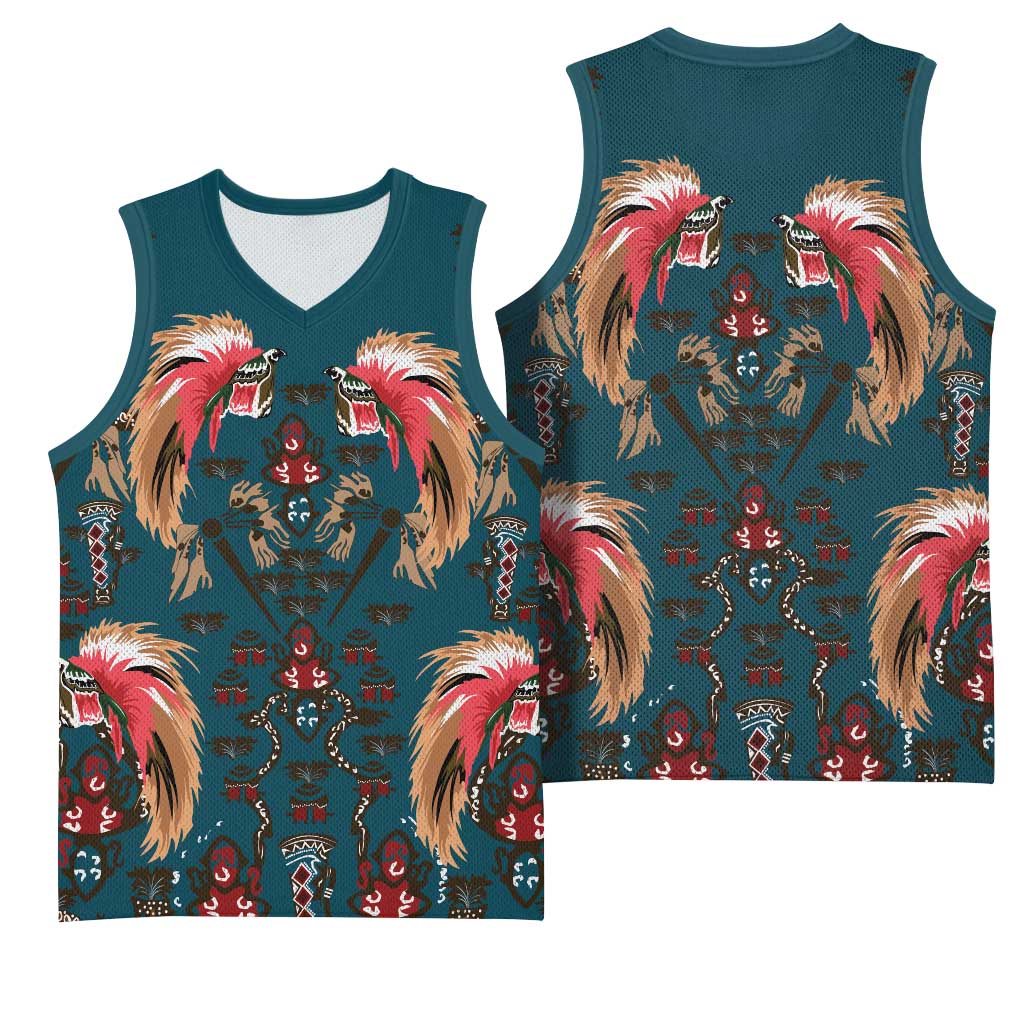 Dark Cyan Blue Bird of Batik Papua Basketball Jersey Exotic Natural Wealth of Papua - Polynesian Pride