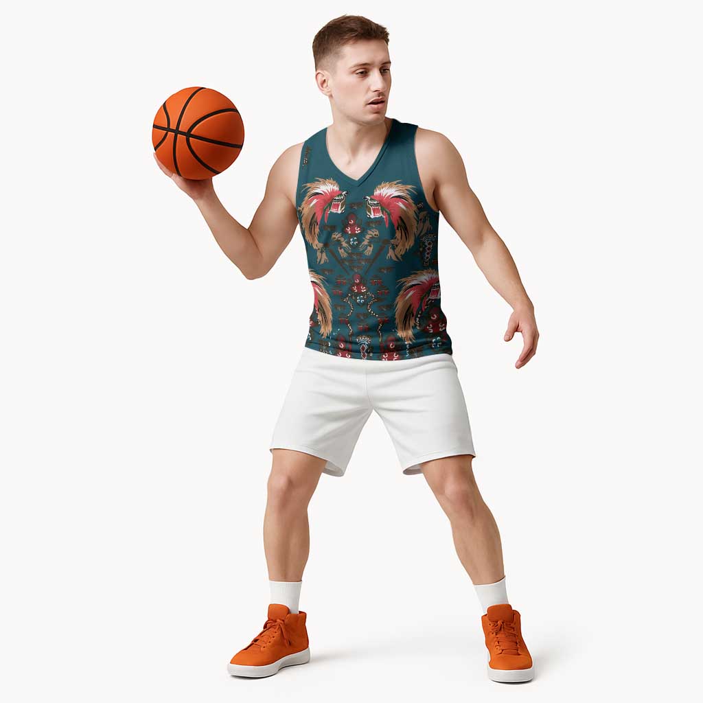 Dark Cyan Blue Bird of Batik Papua Basketball Jersey Exotic Natural Wealth of Papua - Polynesian Pride