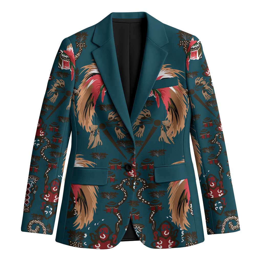 Dark Cyan Blue Bird of Batik Papua Blazer Exotic Natural Wealth of Papua - Polynesian Pride