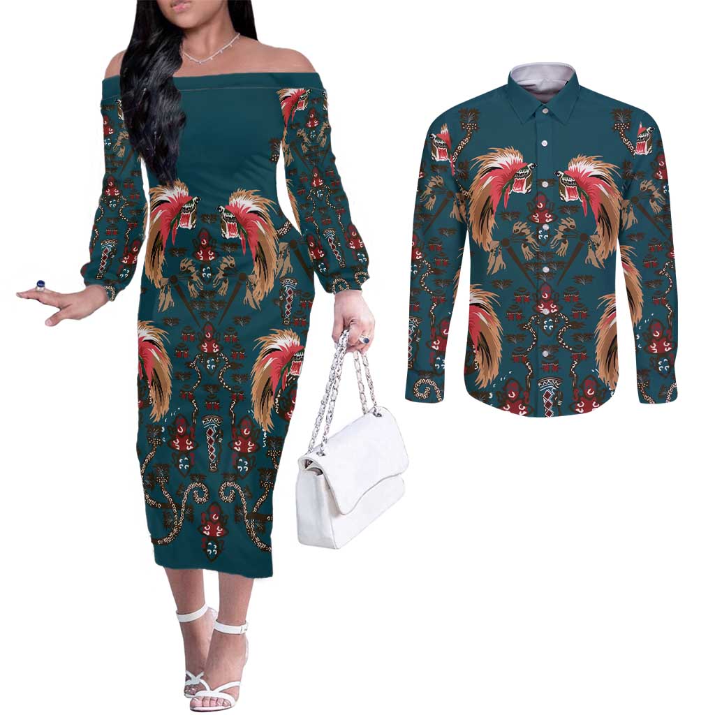 Dark Cyan Blue Bird of Batik Papua Couples Matching Off The Shoulder Long Sleeve Dress and Long Sleeve Button Shirt Exotic Natural Wealth of Papua - Polynesian Pride