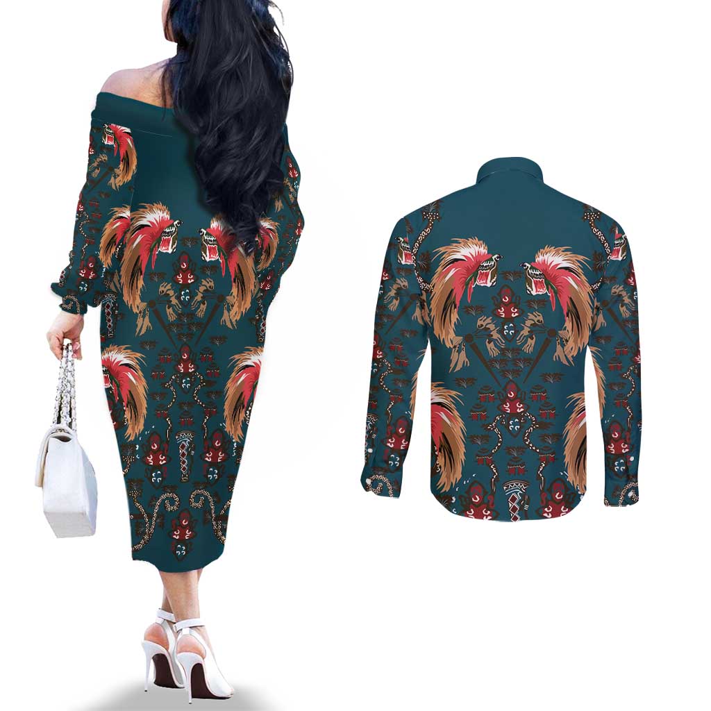 Dark Cyan Blue Bird of Batik Papua Couples Matching Off The Shoulder Long Sleeve Dress and Long Sleeve Button Shirt Exotic Natural Wealth of Papua - Polynesian Pride