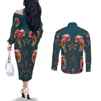 Dark Cyan Blue Bird of Batik Papua Couples Matching Off The Shoulder Long Sleeve Dress and Long Sleeve Button Shirt Exotic Natural Wealth of Papua - Polynesian Pride