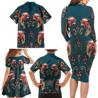 Dark Cyan Blue Bird of Batik Papua Family Matching Long Sleeve Bodycon Dress and Hawaiian Shirt Exotic Natural Wealth of Papua - Polynesian Pride