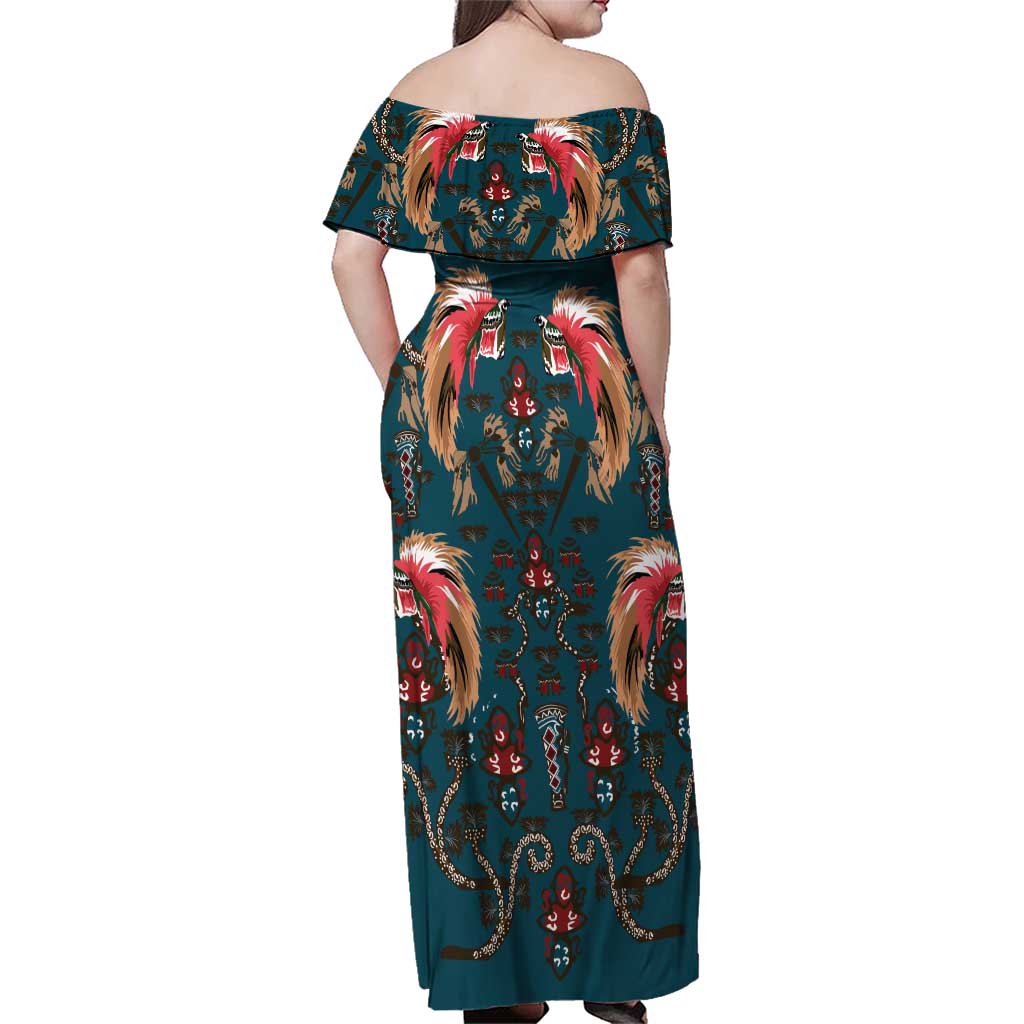Dark Cyan Blue Bird of Batik Papua Family Matching Off Shoulder Maxi Dress and Hawaiian Shirt Exotic Natural Wealth of Papua - Polynesian Pride