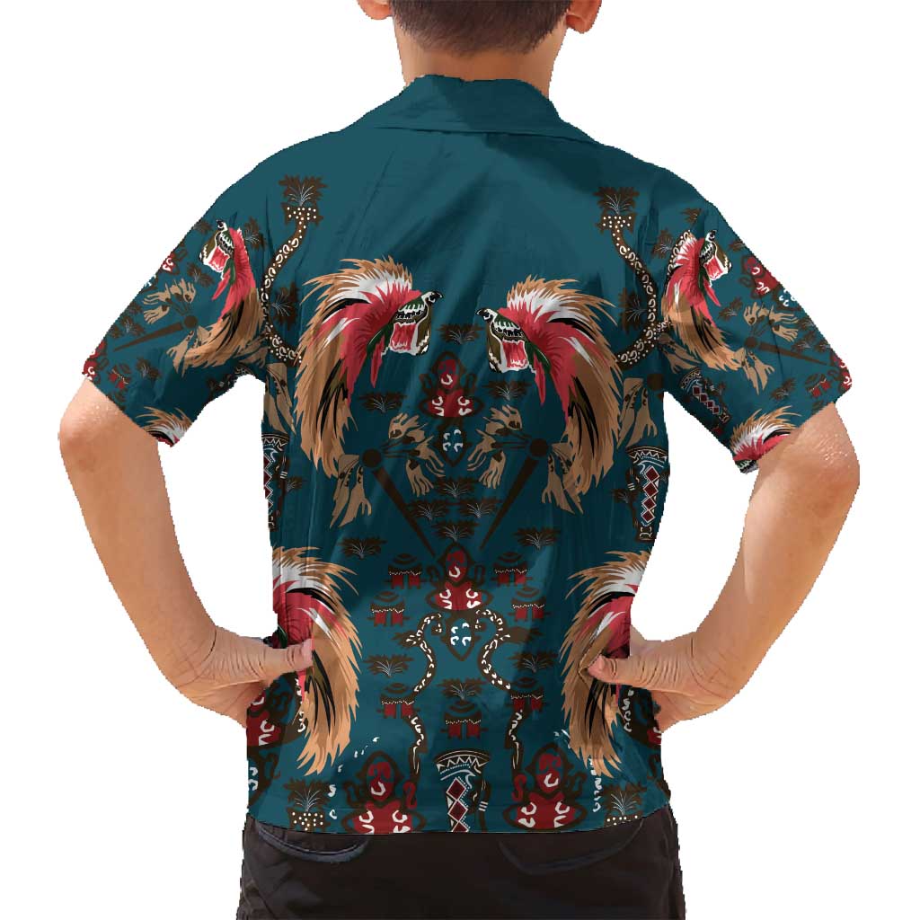 Dark Cyan Blue Bird of Batik Papua Family Matching Off Shoulder Short Dress and Hawaiian Shirt Exotic Natural Wealth of Papua - Polynesian Pride