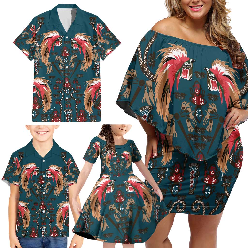 Dark Cyan Blue Bird of Batik Papua Family Matching Off Shoulder Short Dress and Hawaiian Shirt Exotic Natural Wealth of Papua - Polynesian Pride