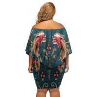 Dark Cyan Blue Bird of Batik Papua Family Matching Off Shoulder Short Dress and Hawaiian Shirt Exotic Natural Wealth of Papua - Polynesian Pride