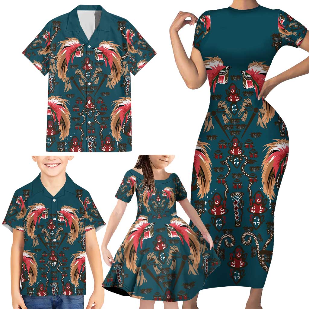 Dark Cyan Blue Bird of Batik Papua Family Matching Short Sleeve Bodycon Dress and Hawaiian Shirt Exotic Natural Wealth of Papua - Polynesian Pride