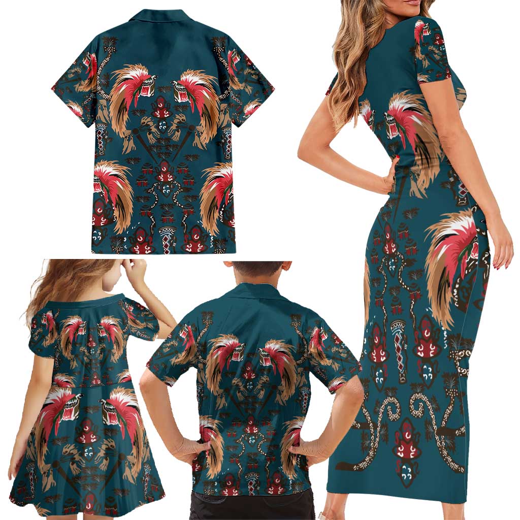 Dark Cyan Blue Bird of Batik Papua Family Matching Short Sleeve Bodycon Dress and Hawaiian Shirt Exotic Natural Wealth of Papua - Polynesian Pride
