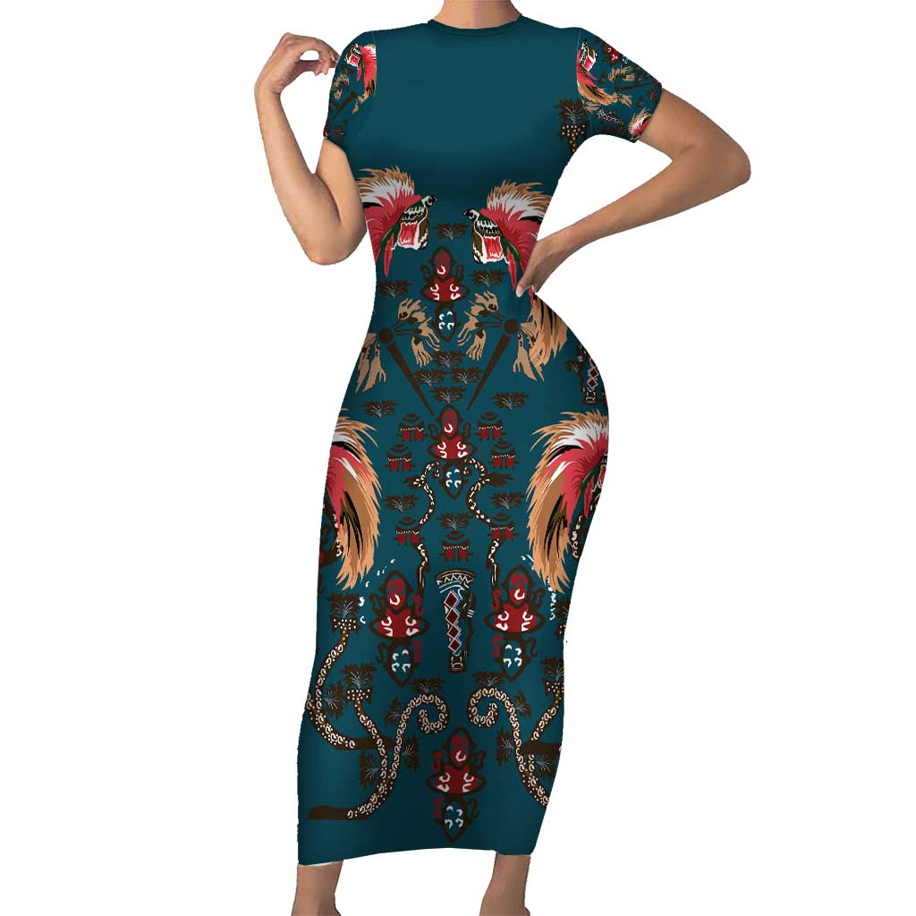 Dark Cyan Blue Bird of Batik Papua Family Matching Short Sleeve Bodycon Dress and Hawaiian Shirt Exotic Natural Wealth of Papua - Polynesian Pride
